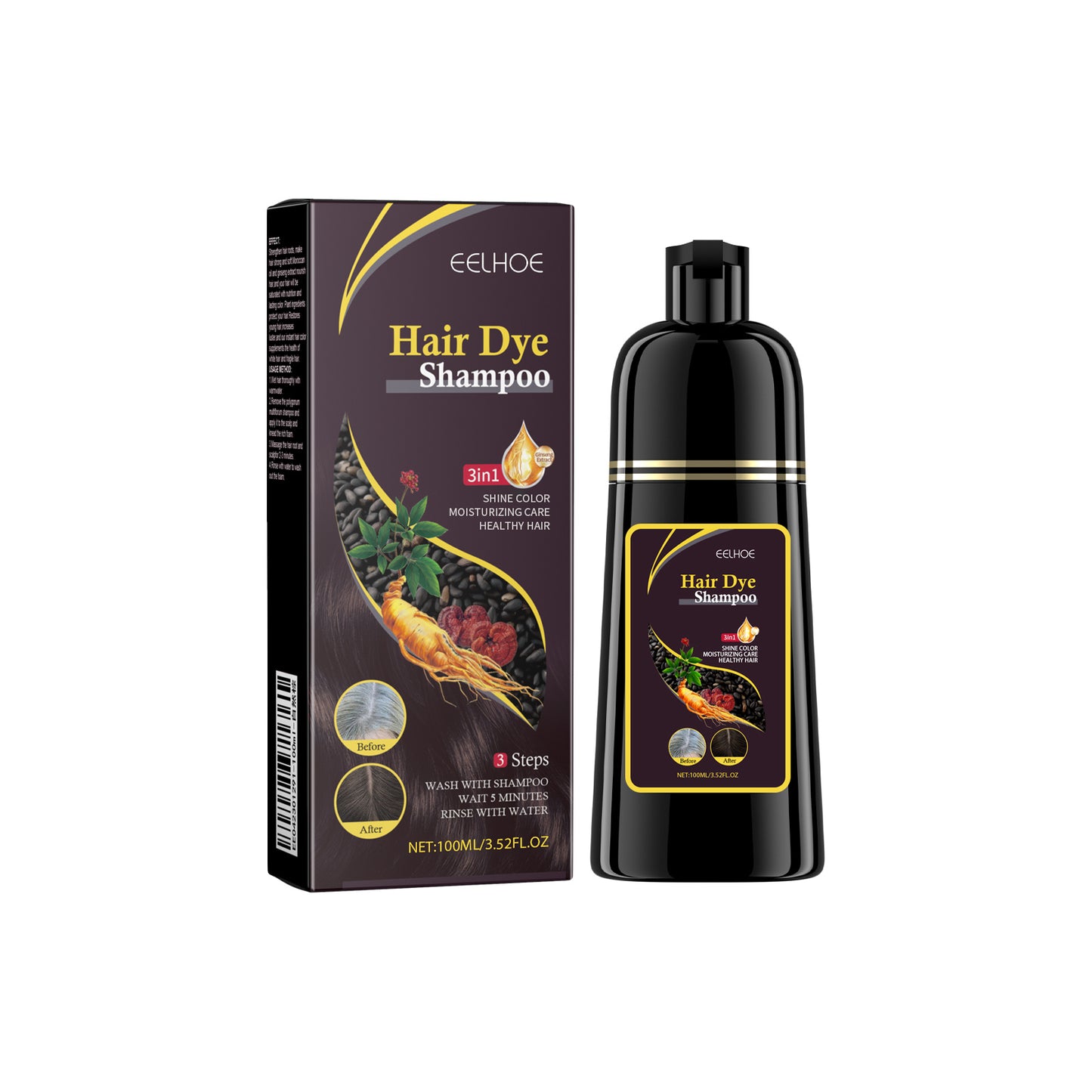 EELHOE White To Black Dyed Shampoo -Natural Brown- Polygonum Multiflorum Essence Moisturizing, Cleaning And Repairing Black And Smooth Hair Shampoo
