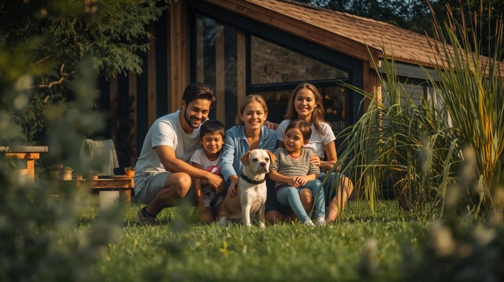 a happy family with eco home & natural care along with a pet