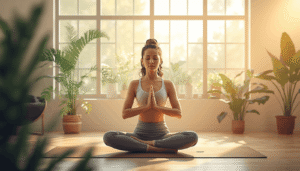 young lady doing breathing exercises that heal your body, peaceful and calming atmosphere, wellness and health focused